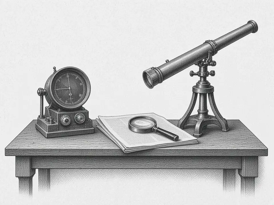 Engraving of a signal scope and telescope on a desk