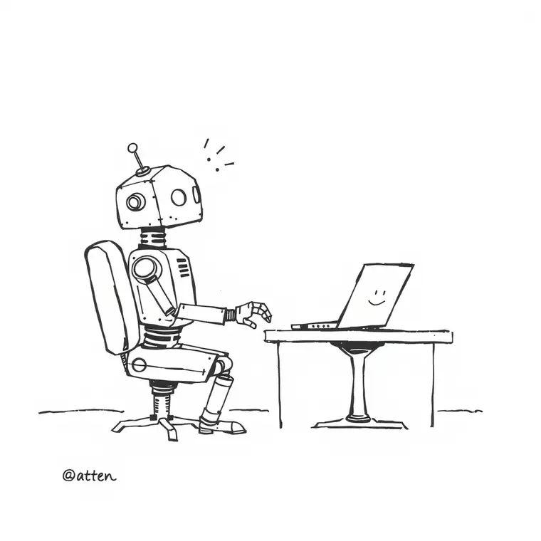 Editorial cartoon. a robot sitting at a desk with a laptop and a confused expression