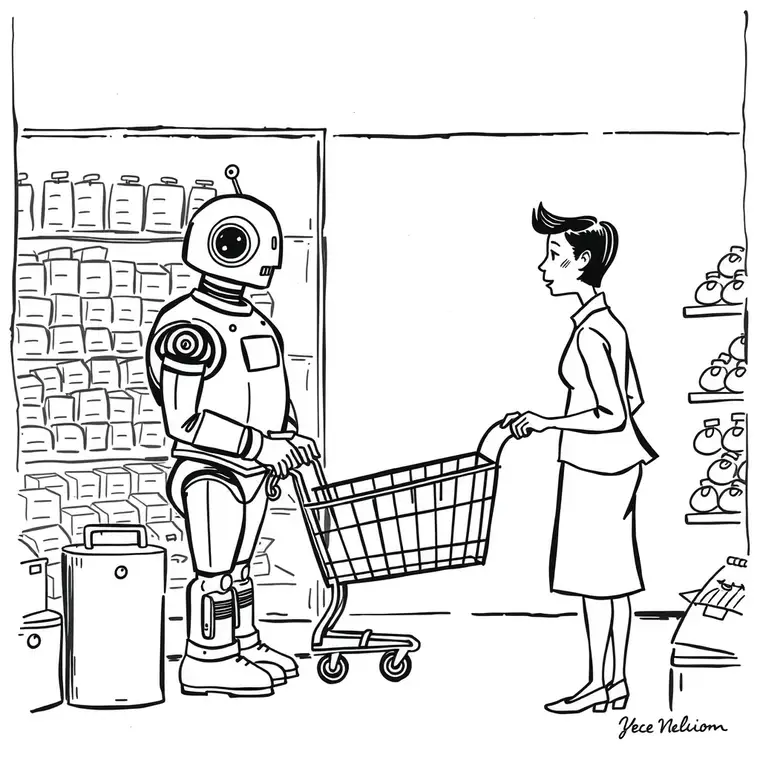Editorial cartoon. a retail store with a robot cashier and a customer holding a shopping cart