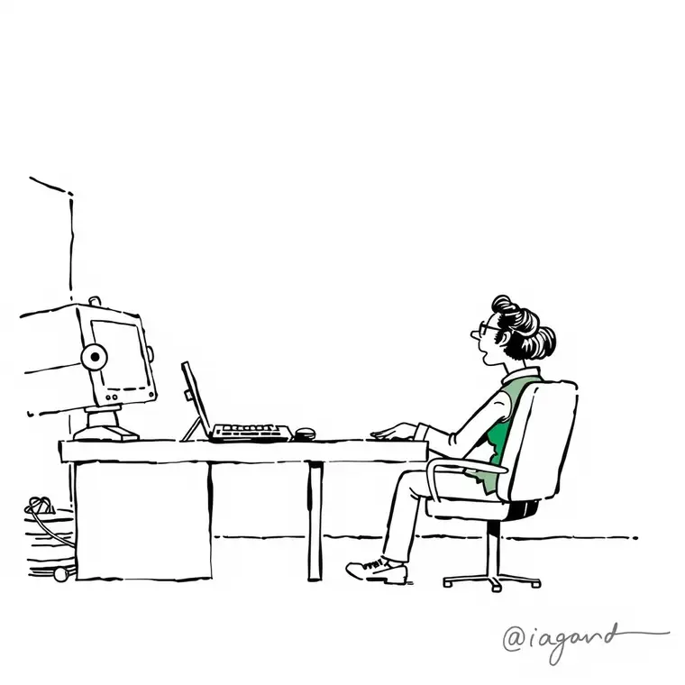 Editorial cartoon. a person sitting at a desk with a robot and a search bar