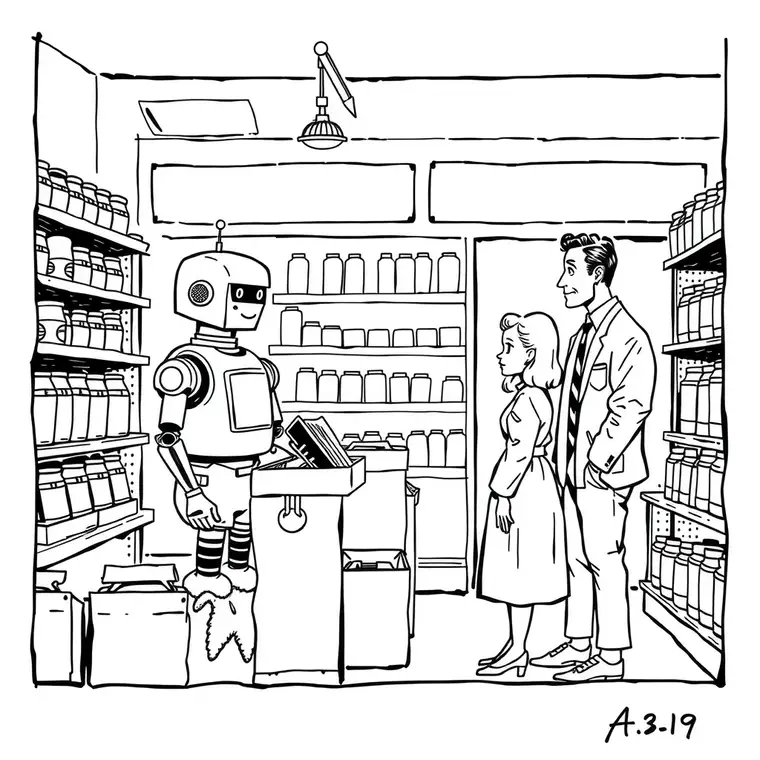 Editorial cartoon. a retail store with a robot assistant and a customer