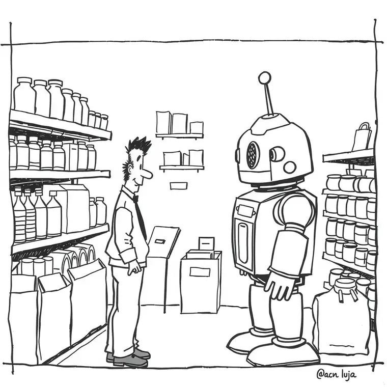 Editorial cartoon. a person talking to a robot in a store