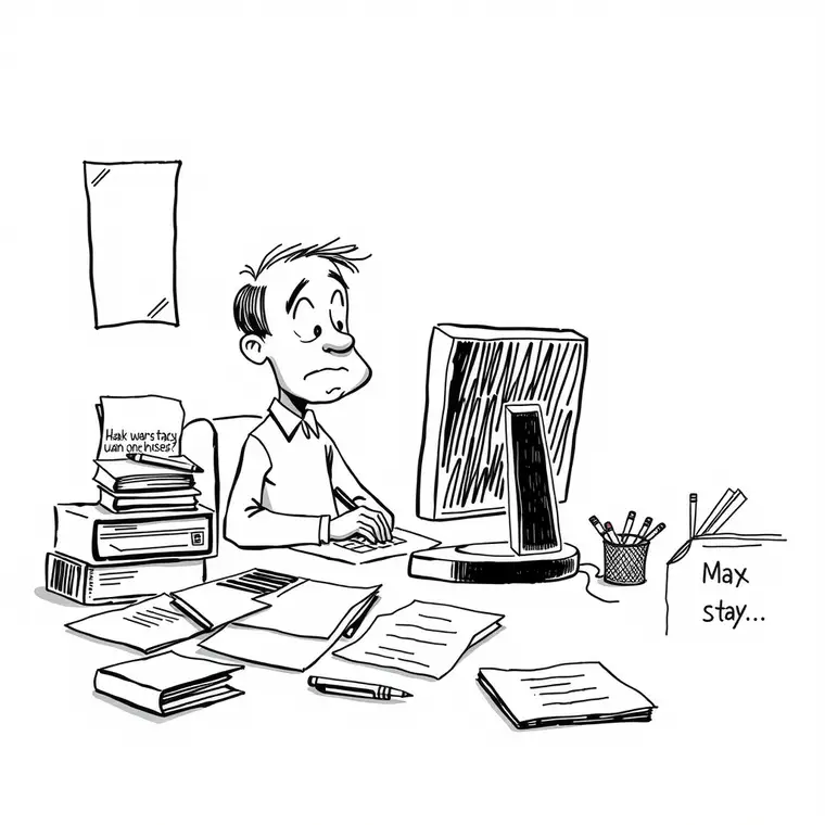Editorial cartoon. a person sitting at a desk with a computer and a worried expression, surrounded by papers and pens