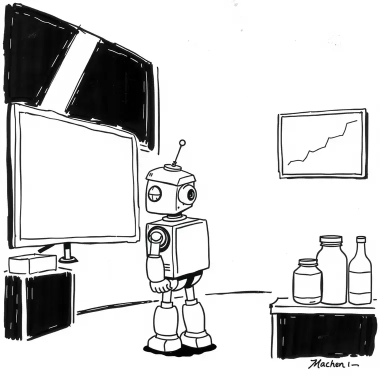 Editorial cartoon. a robot standing in front of a stock screen with a falling graph
