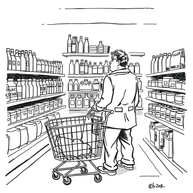 Cartoon about the consumer brands business. a grocery store shelf with various consumer brands, a shopping cart, and a customer looking confused