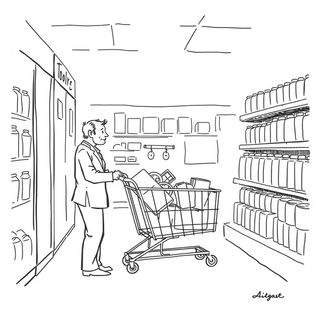 Cartoon about the consumer brands business. a grocery store with a smart cart and a customer looking confused