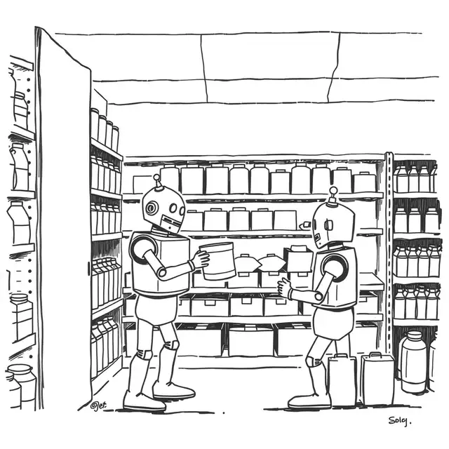 Cartoon about the consumer brands business. a grocery shelf with robots restocking it