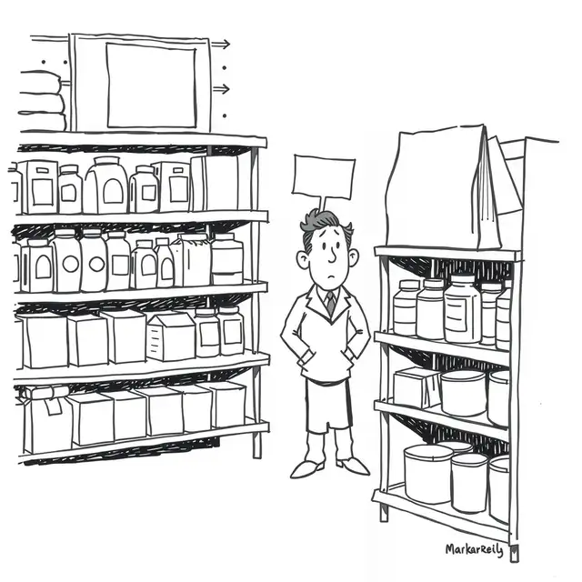 Cartoon about the consumer brands business. a store shelf with various products and a few empty spaces, with a person in the background looking concerned
